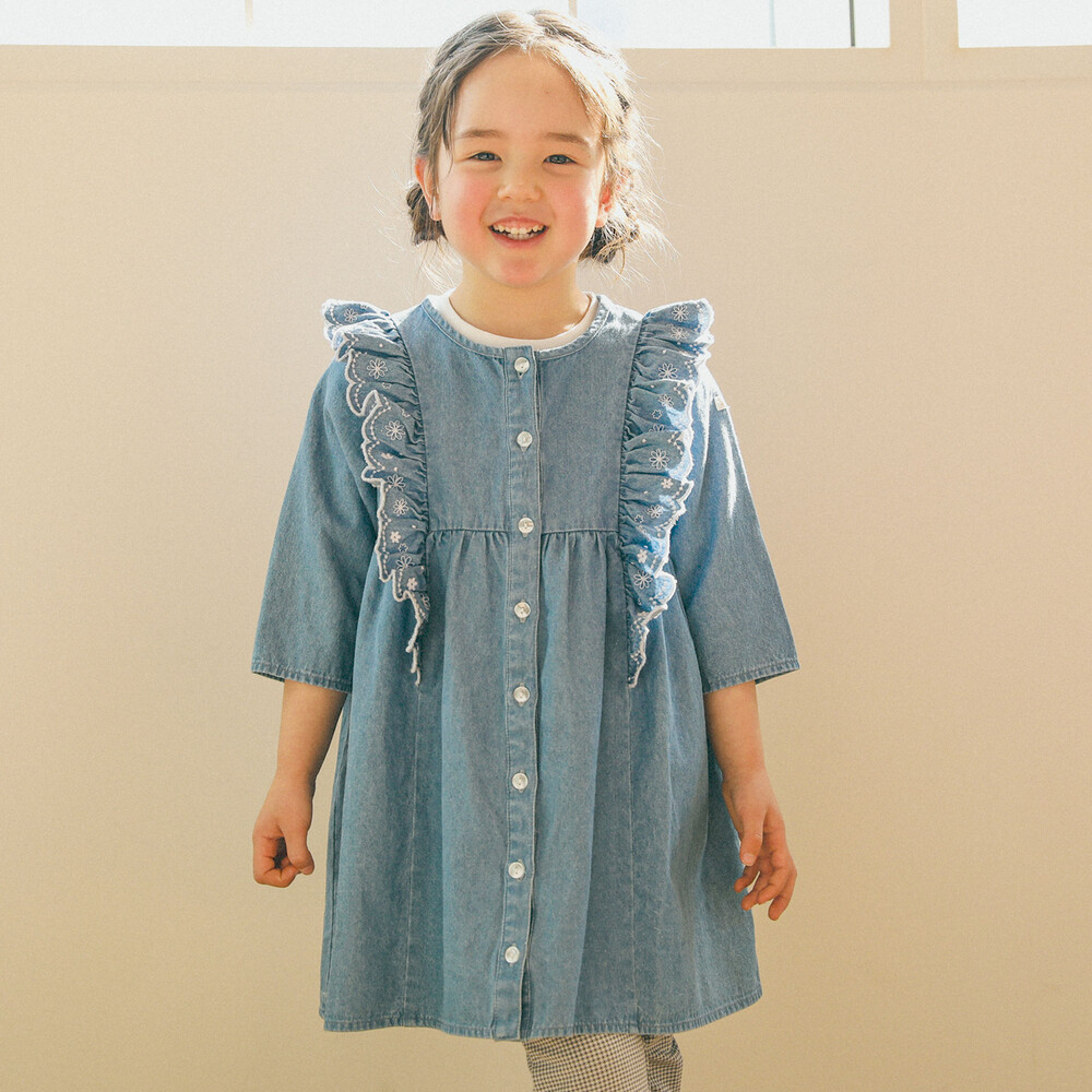 お揃い】コットンフリル刺繍7分袖デニムワンピース(80~130cm)(80cm