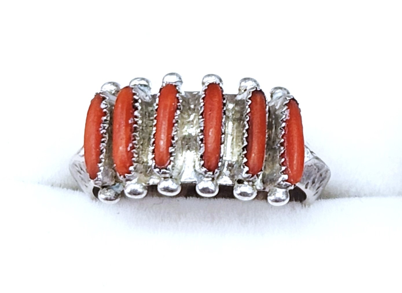 Vintage Janice Paloma Zuni Needlepoint Coral Sterling Silver Ring