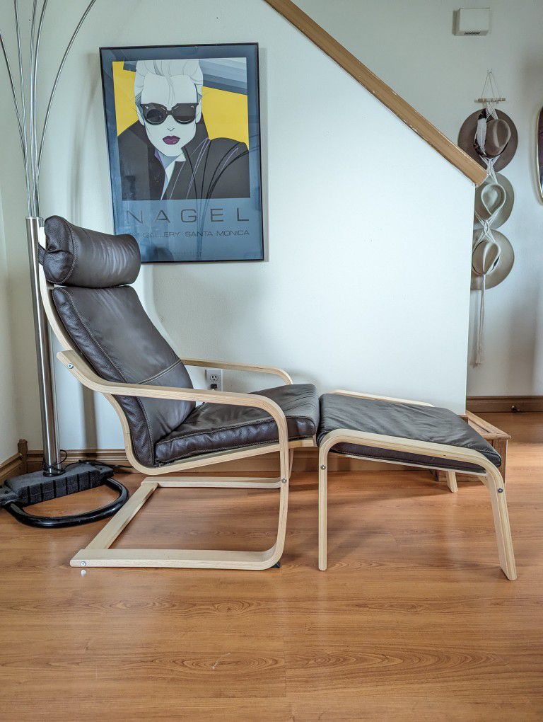 IKEA Poang Brown Leather Bentwood Lounge Chair & Ottoman – Grit