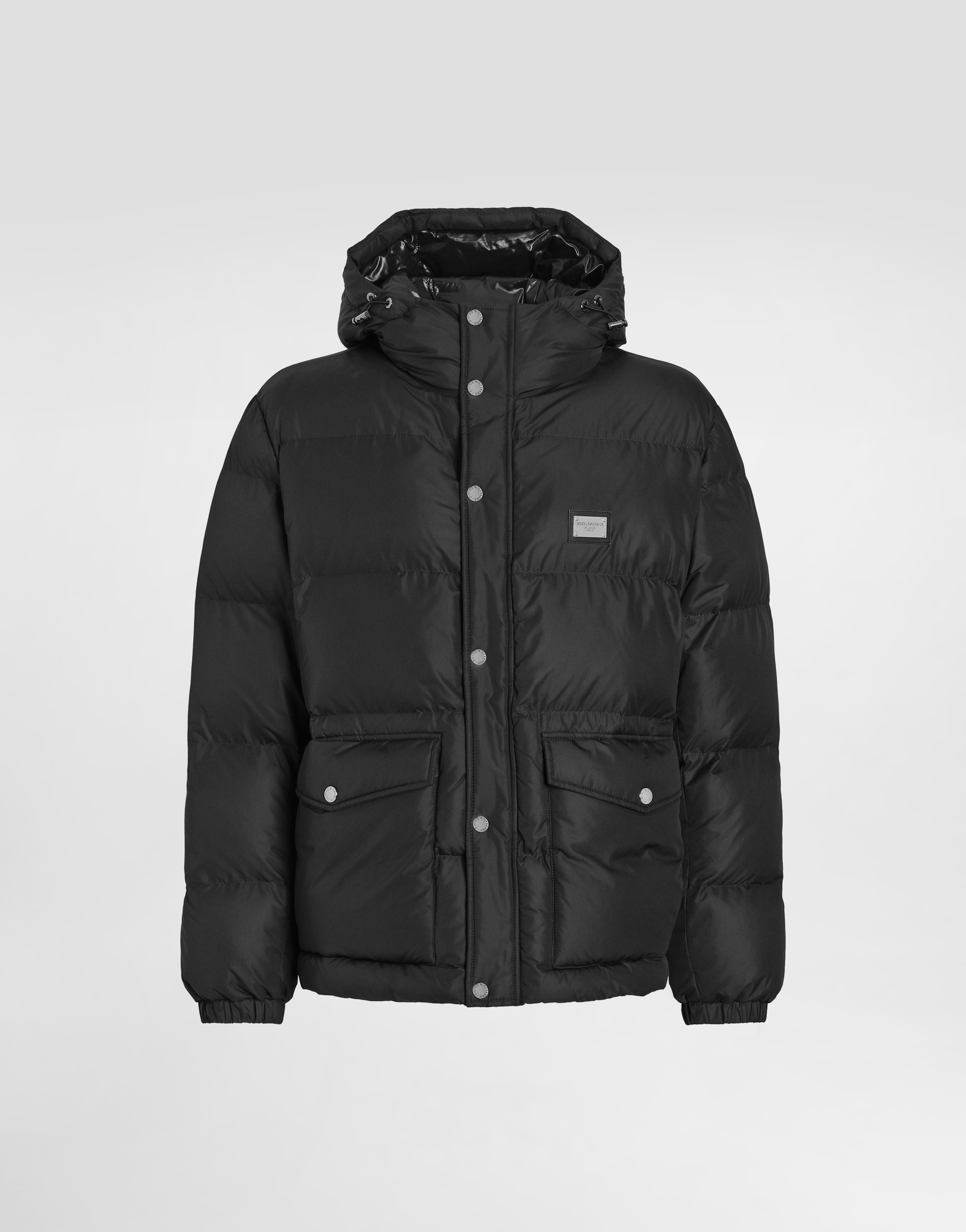 Nylon down jacket with hood and branded tag in Black for Men