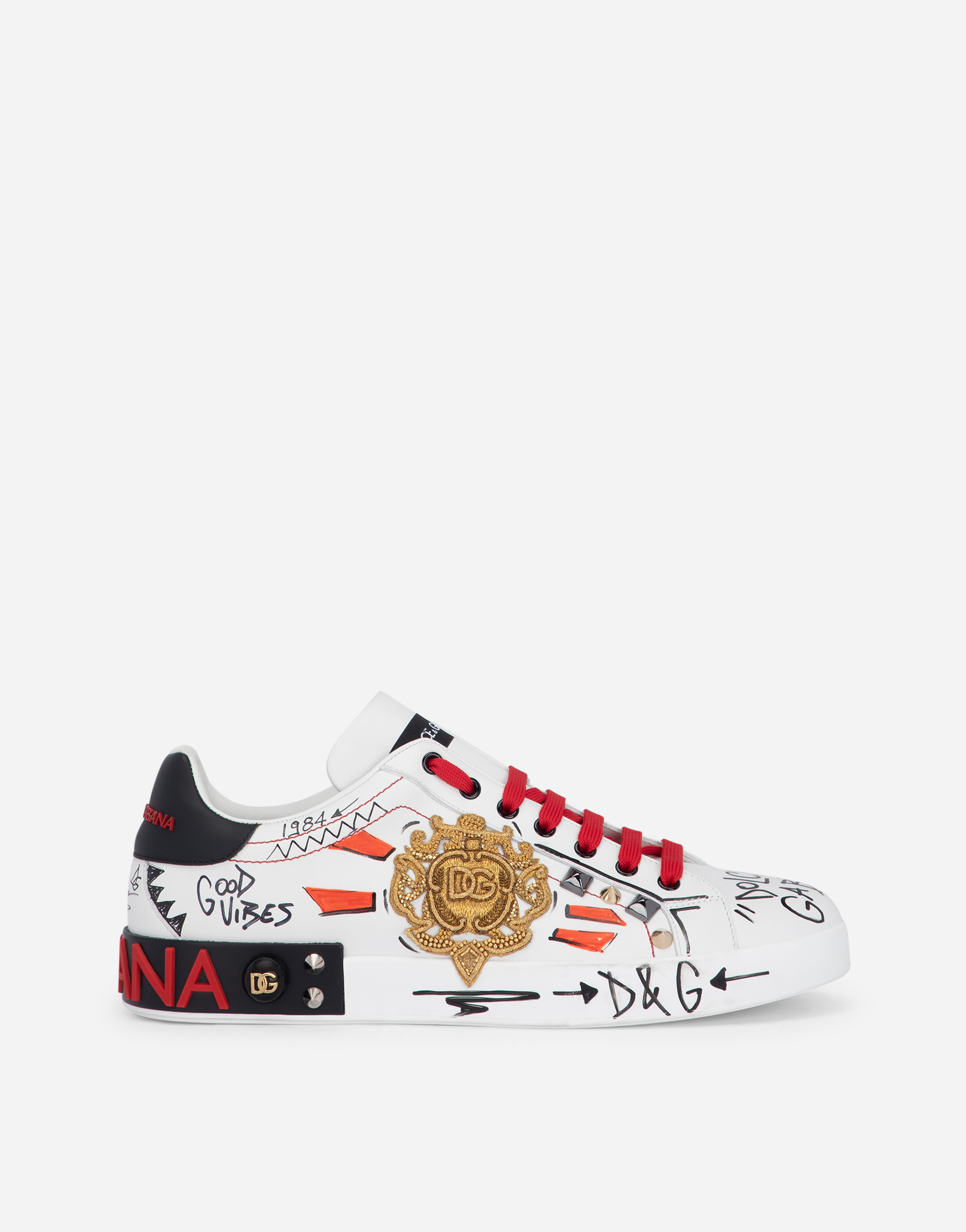 Calfskin Portofino sneakers with embroidery and studs in