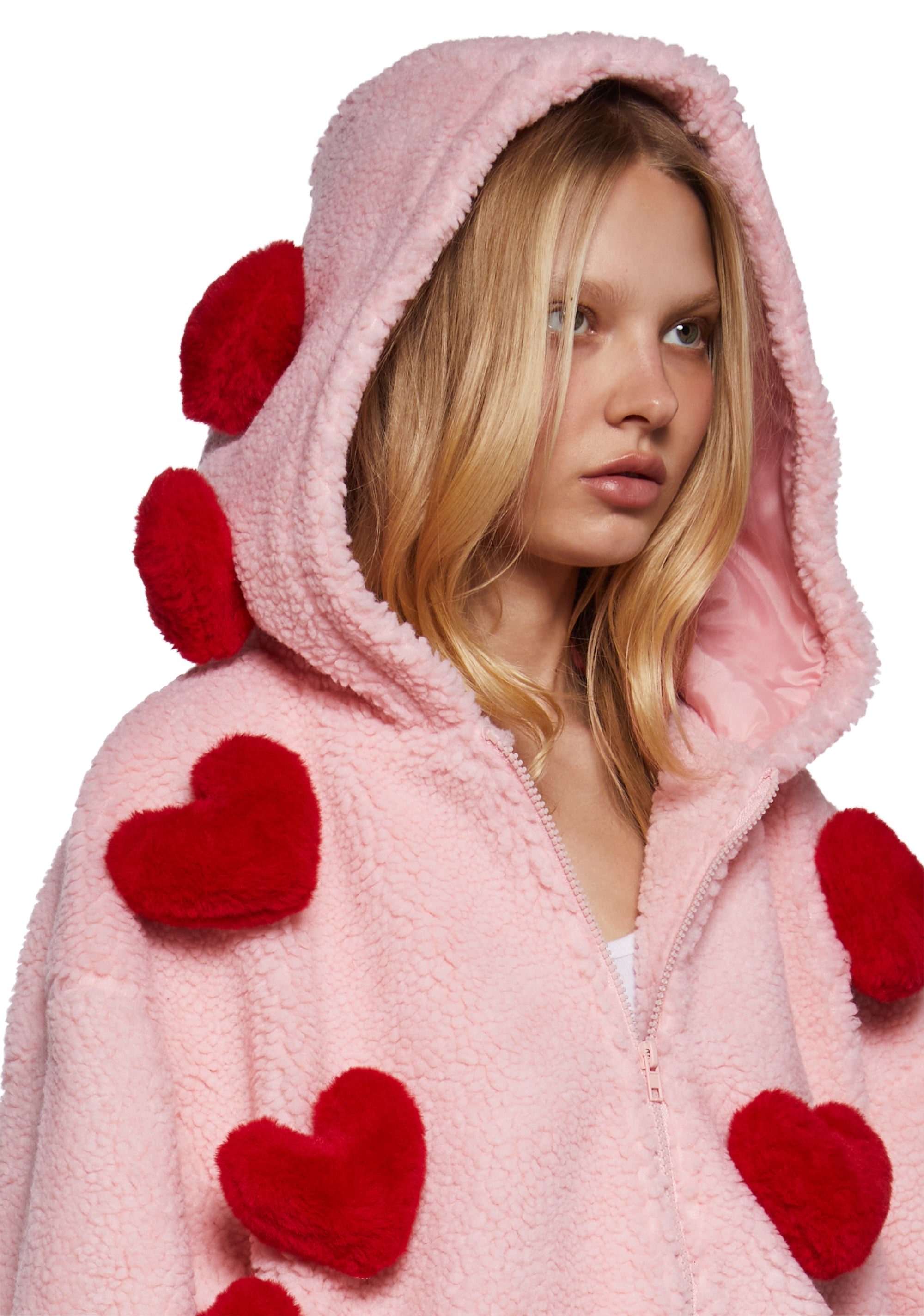 Womens 3D Hearts Faux Fur Hooded Sherpa Jacket Sugar Thrillz