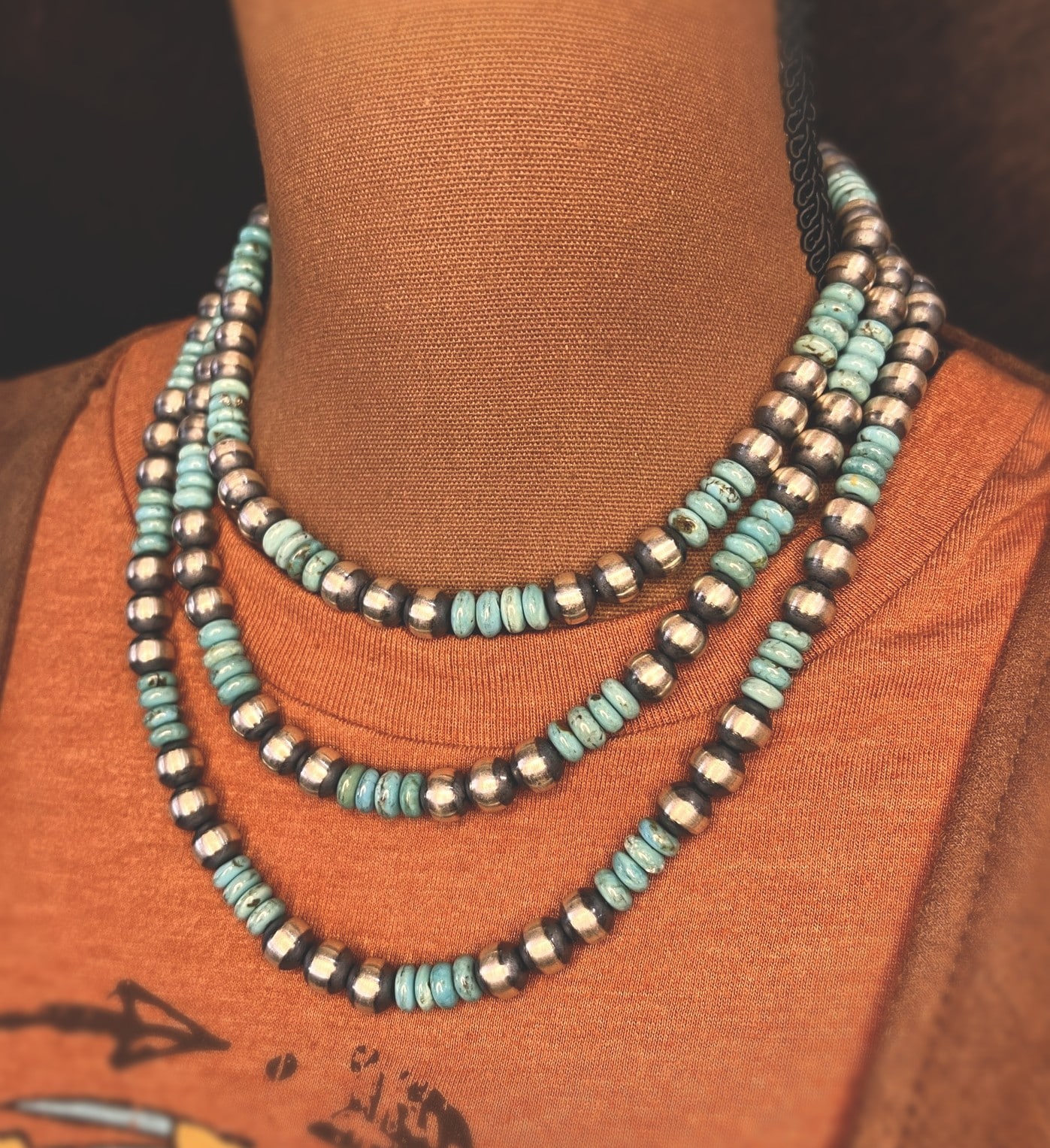 8MM Navajo Pearl Necklace with Kingman Turquoise - Native American