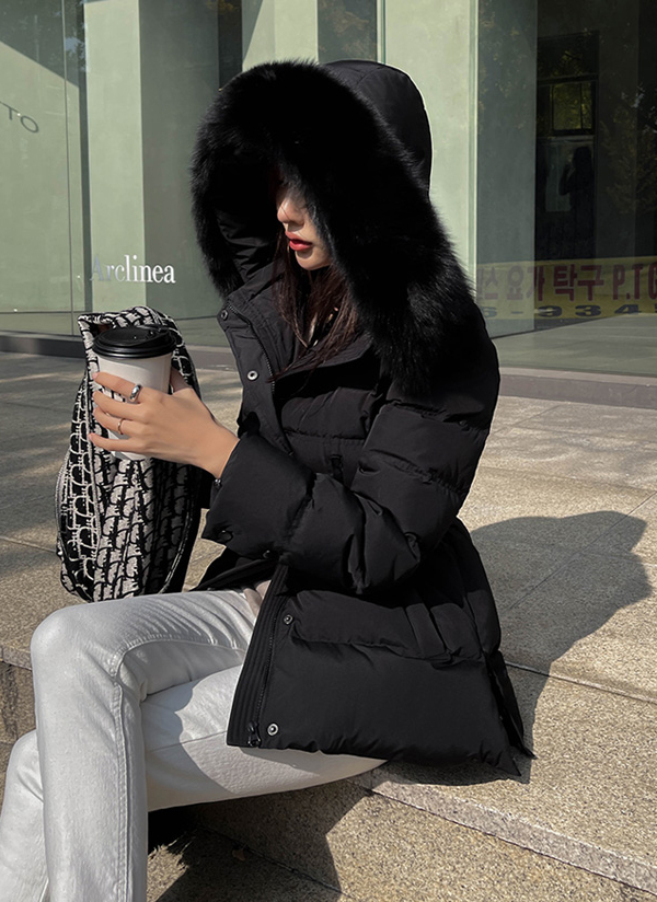 ファーフード&ベルト付ダウンジャケット | レディースファッション通販