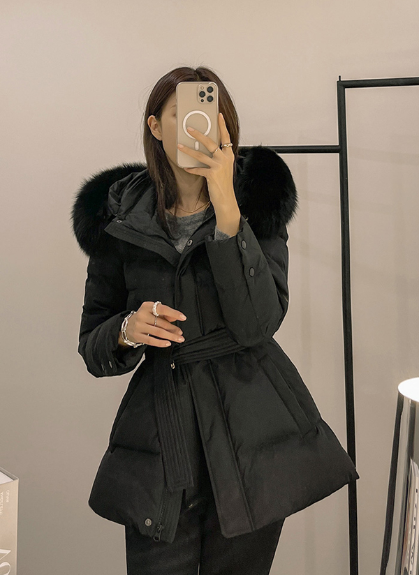 ファーフード&ベルト付ダウンジャケット | レディースファッション通販