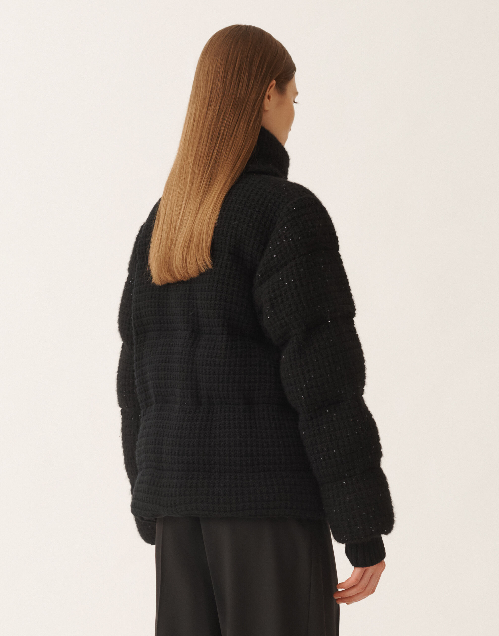 Down jacket in wool and silk with sequins, black for Women