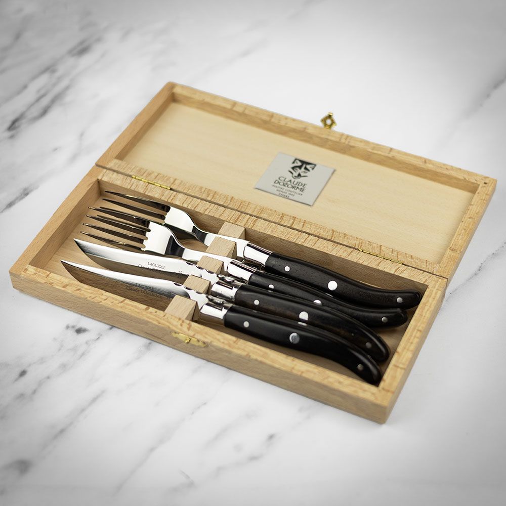 Claude Dozorme Boxed Set of 2 Laguiole Knives and 2 Forks - Black