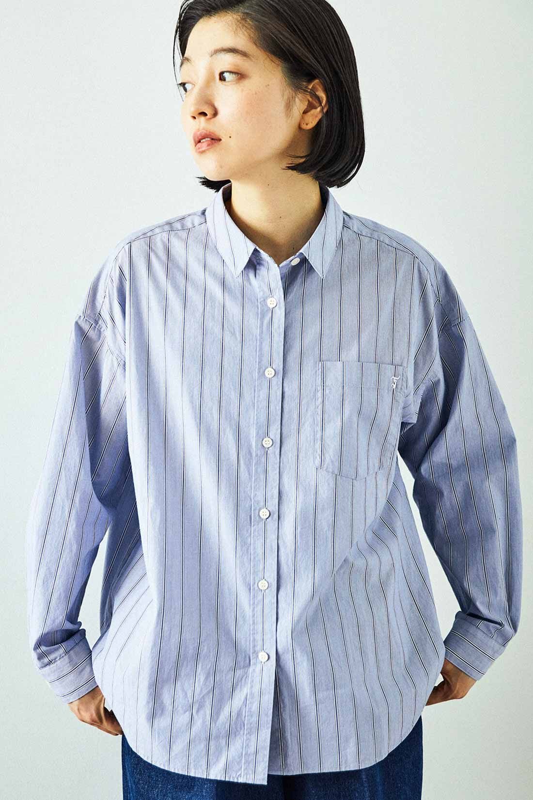 THREE FIFTY STANDARD ワンポイント刺しゅうのストライプシャツ