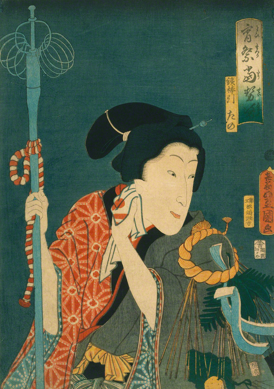 六代目歌川豊国作 手描き 日本画板画 題目 舞妓図 額装仕立て 六代目