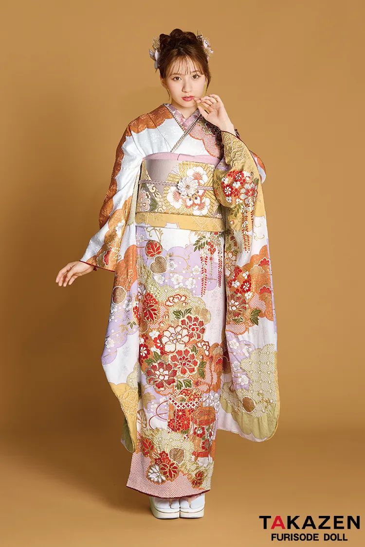 最新作高級古典 白地/オレンジ 滝泰 最高級金彩刺繍絞り友禅 きれいめ