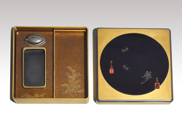 硯箱 松花堂「蝶」小堀遠州「夢」 内側は豪華梨地高蒔絵山水図 | 古