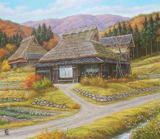 真作」猿渡一根『秋色の民家』 風景画 油彩画 額装 サイン有り F10号