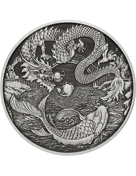 DRAGON & KOI Chinese Myths & Legends Antique 1 Oz Silver Coin 1$ Au