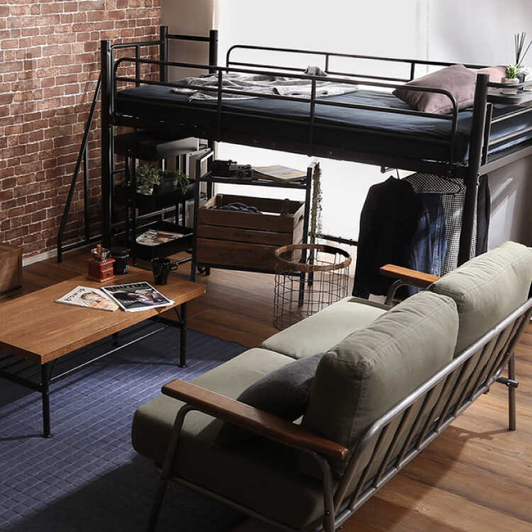 BE-3370 黒ブラック階段付きロフトベッド・高さ調節・コンセント付