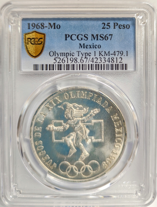 1968-Mo Mexico 25 Pesos - Olympic Games - PCGS MS67 (Type 1; Silver)