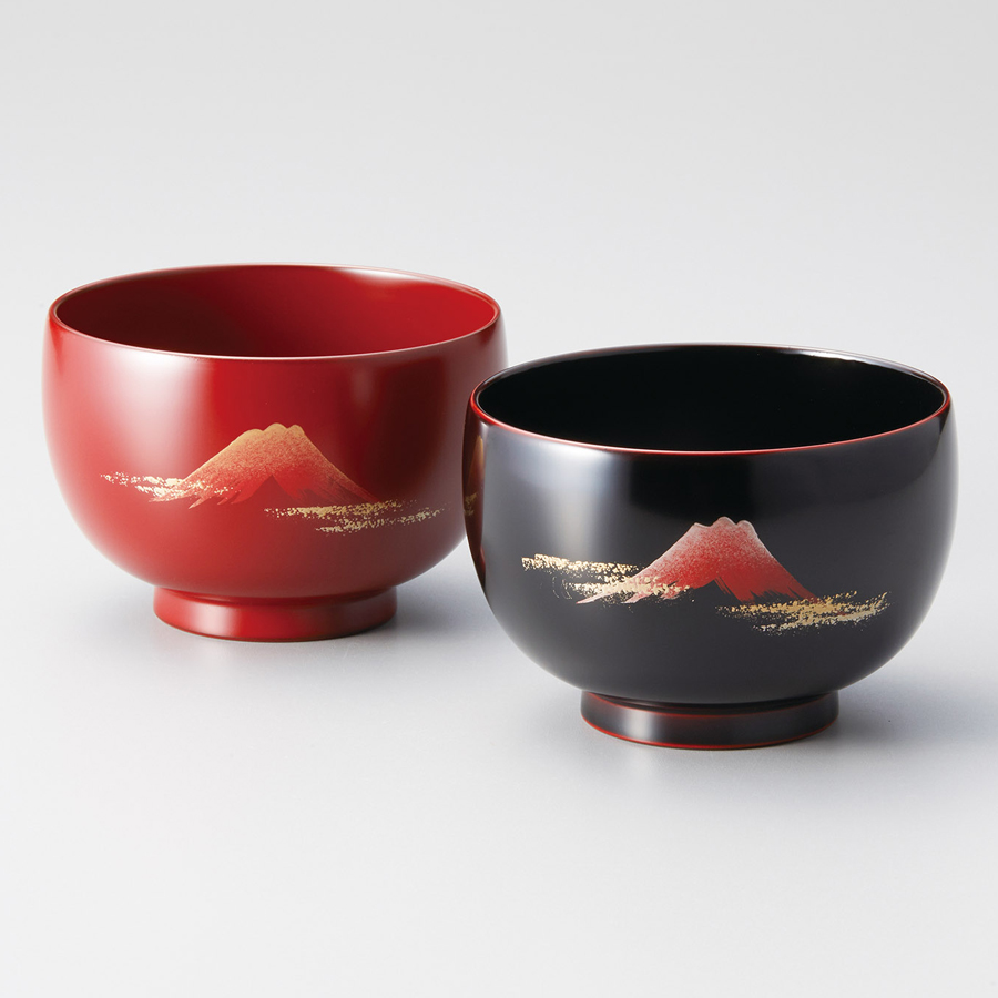 夫婦椀 赤富士 福寿汁椀 溜内黒・古代朱 2客セット 漆塗り 12-04203