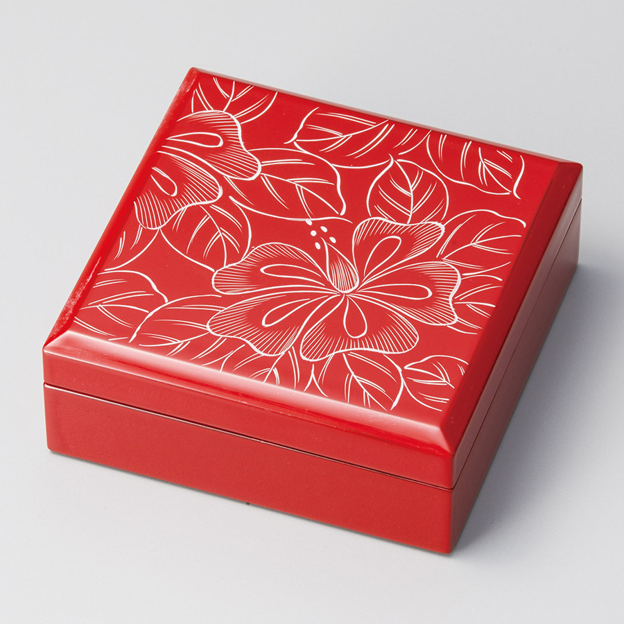 小箱 ハイビスカス 朱 木製 漆塗り 12-12408 漆器の井助