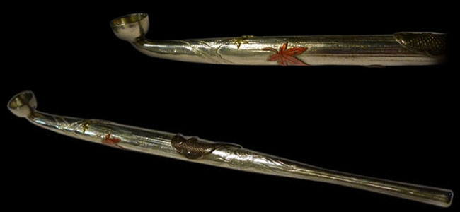 銀製 煙管 キセル 山風景図 赤銅金象嵌 銀細工 アンティーク 重量約32g