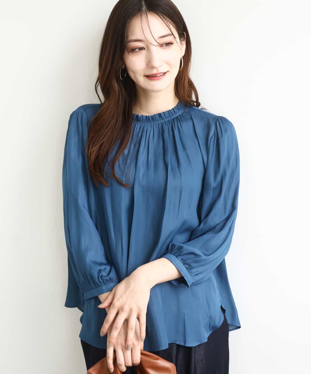 フリルギャザーネックサテンブラウス/接触冷感/洗える(ブラウス