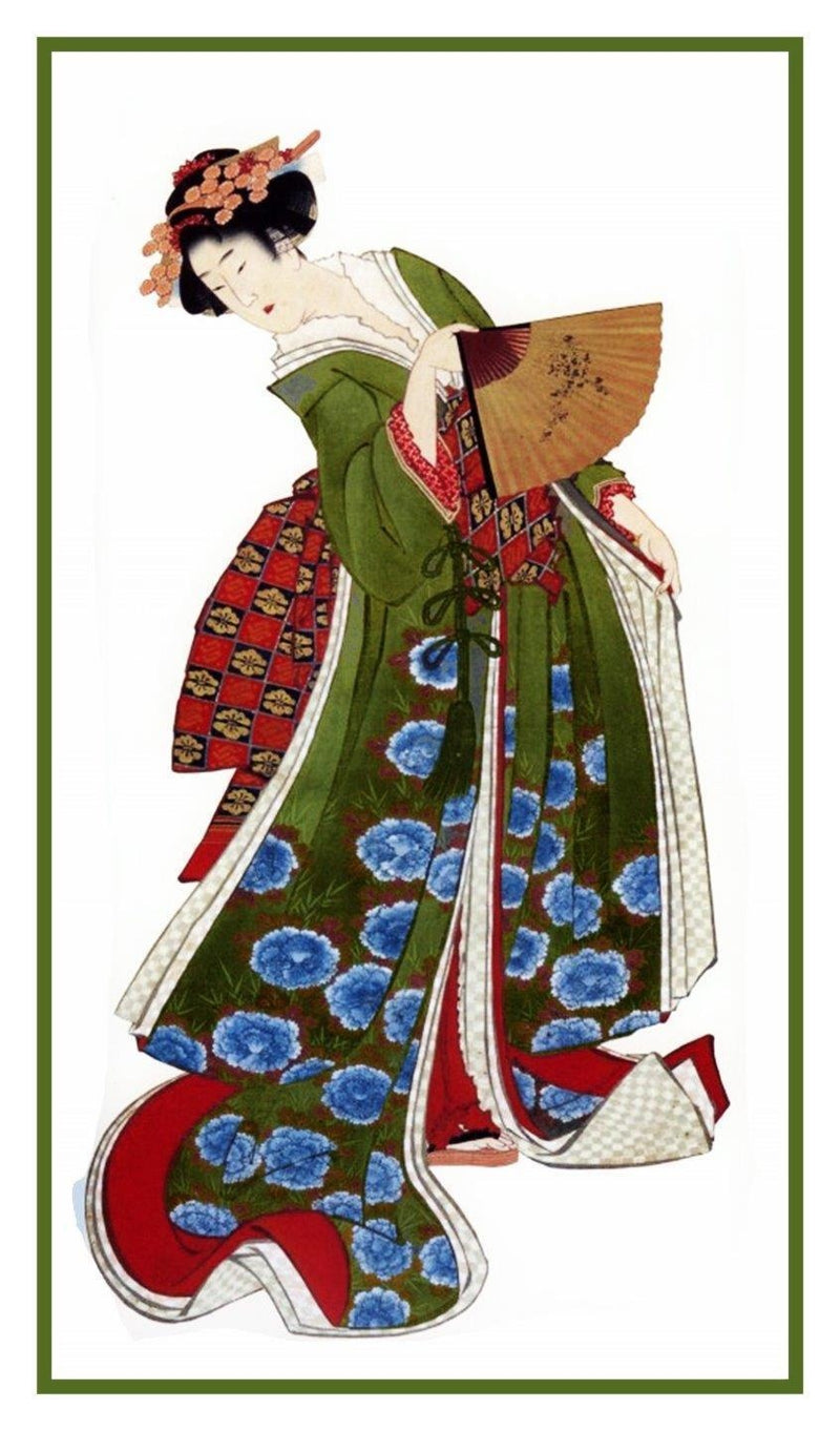 Japanese Hokusai Asian Kimono Woman Fan Counted Cross Stitch