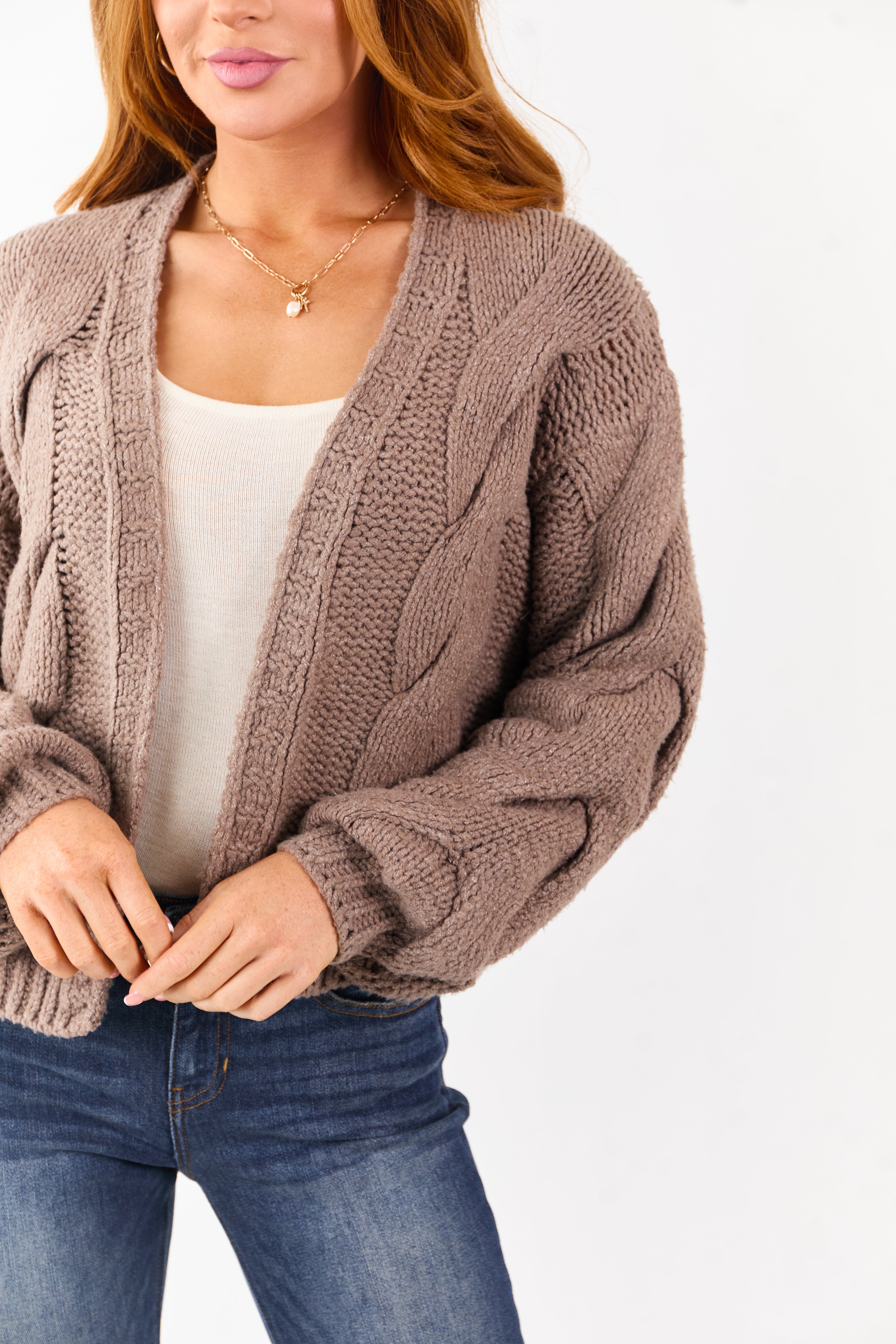 Mocha Soft Cable Knit Puff Sleeve Sweater Cardigan | Lime Lush