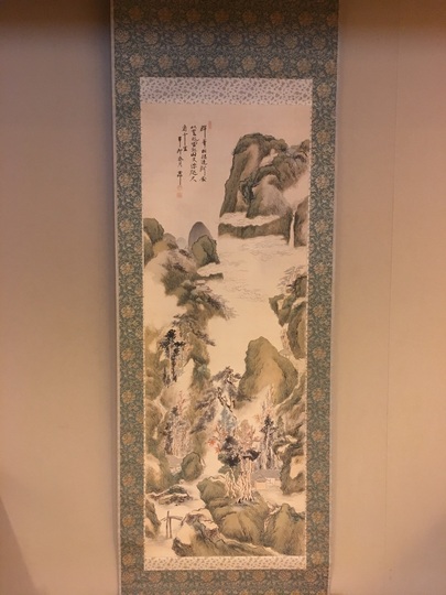 真作】藤井松山/月に田家図/山水図/横物/掛軸/名家伝来/AD-937 真作