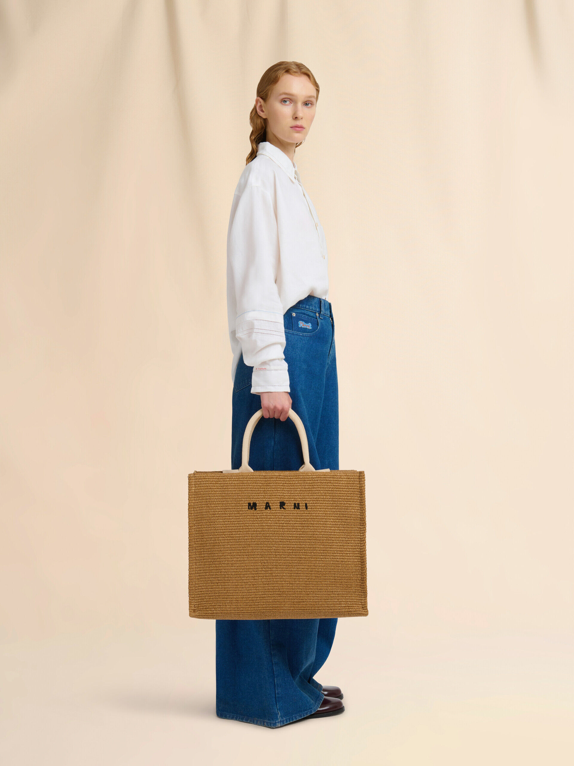 Large Tote in natural-coloured raffia-effect fabric | Marni