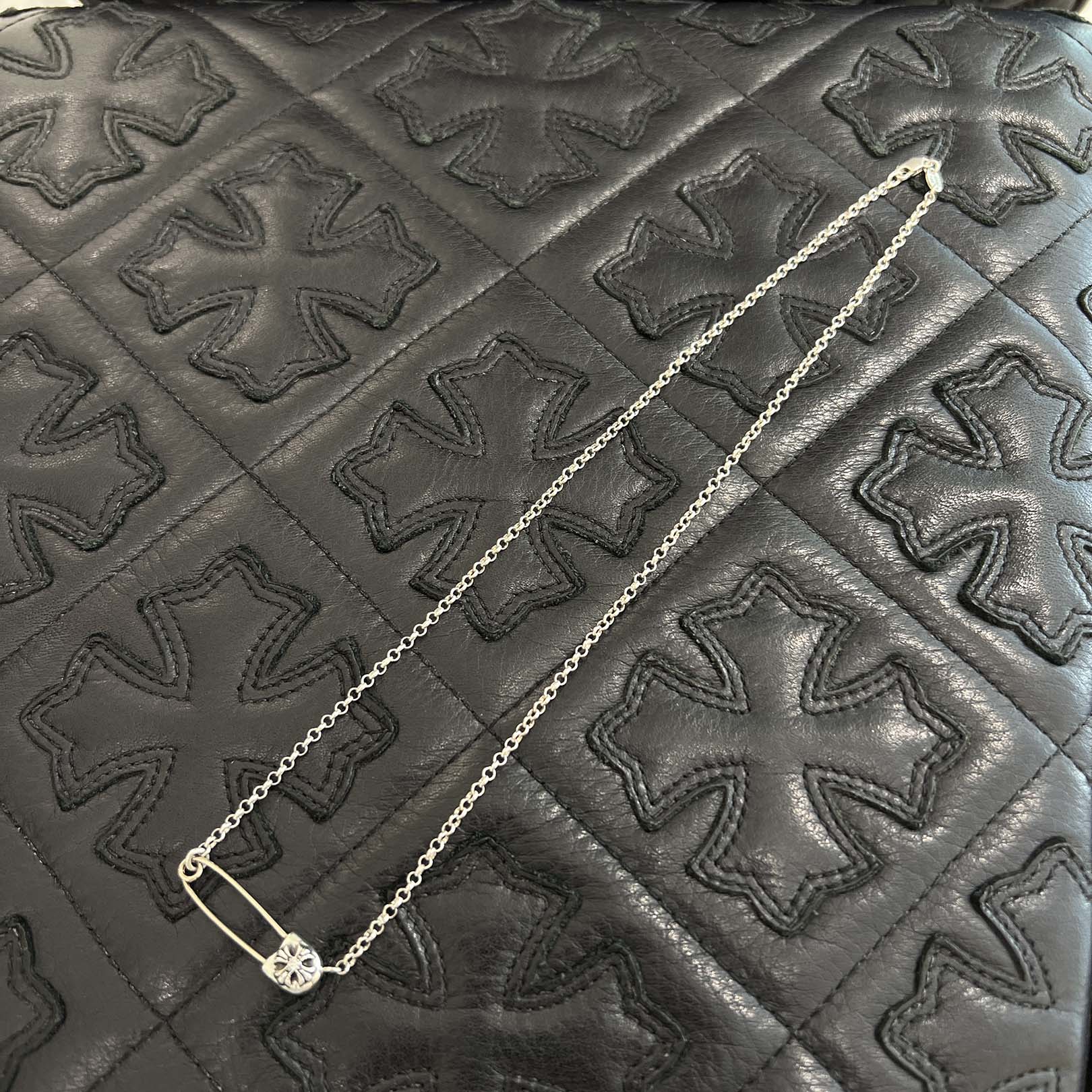 CHROME HEARTS Safety Pin 1 Diamond Roll Chain Necklace Size 18Inch