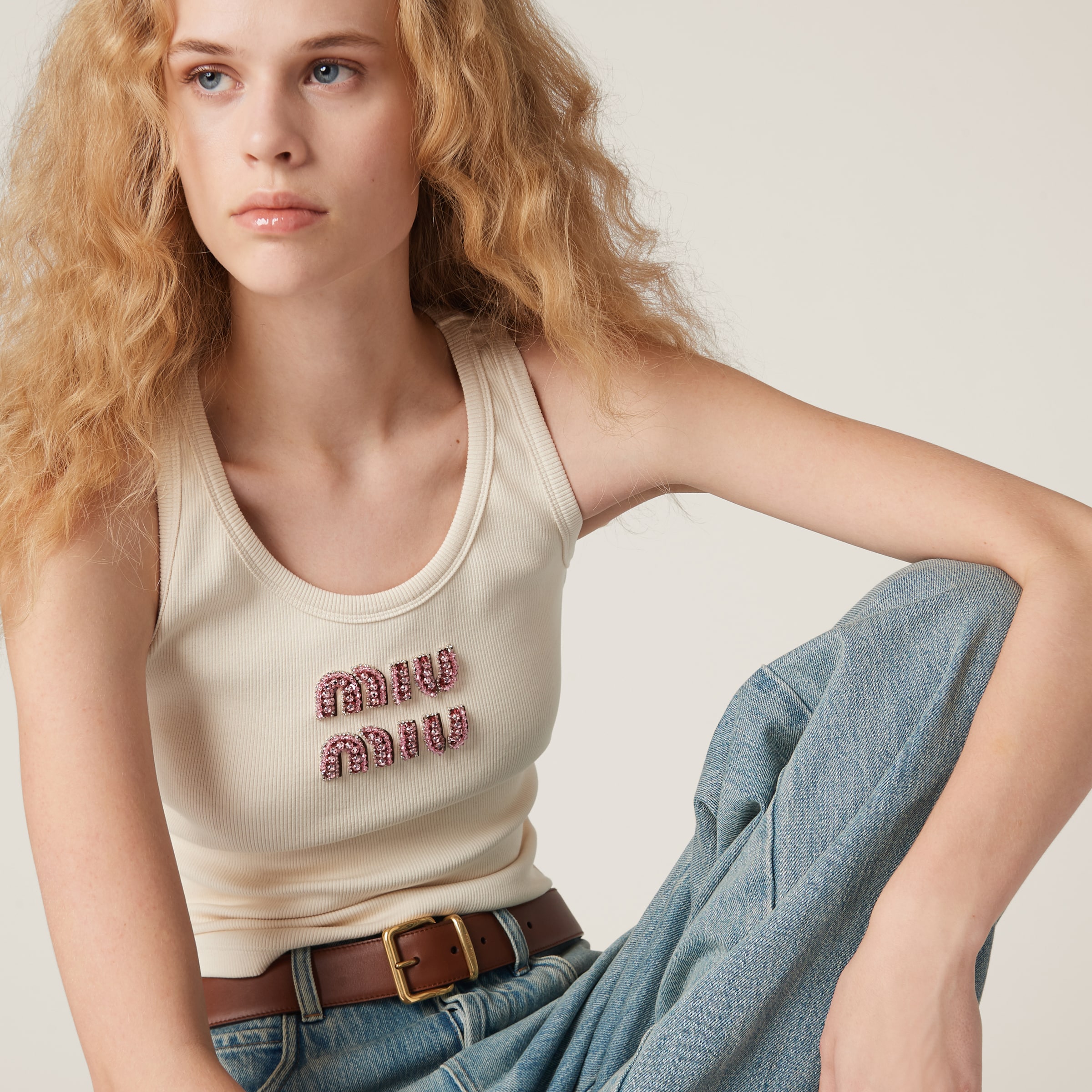Tan / Pink Ribbed Jersey Top | Miu Miu