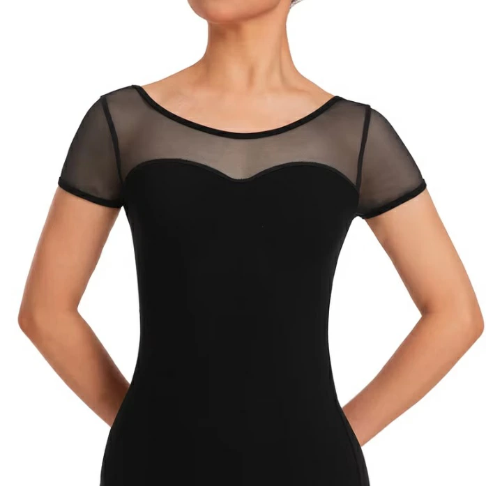 バレエ レオタード 大人 ジュニア 半袖 メッシュ キャップスリーブ 黒
