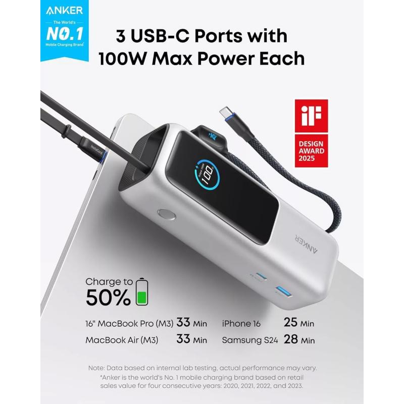 Anker 25000mAh Power Bank 165W w/ 2 Integrated USB-C Cables - Silver