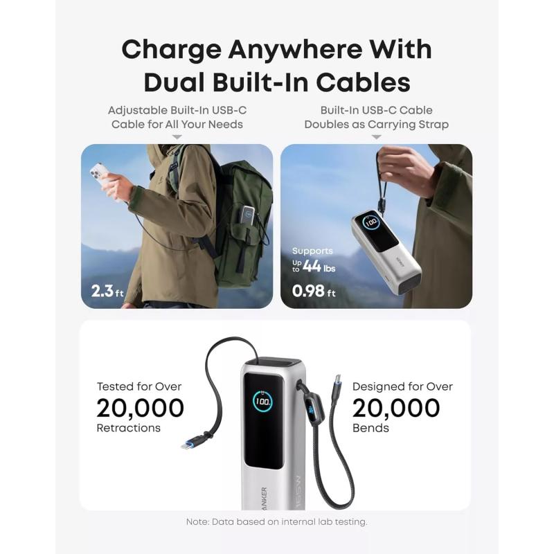 Anker 25000mAh Power Bank 165W w/ 2 Integrated USB-C Cables - Silver