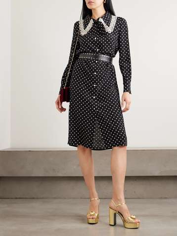 VALENTINO GARAVANI Lace-trimmed polka-dot printed silk crepe de