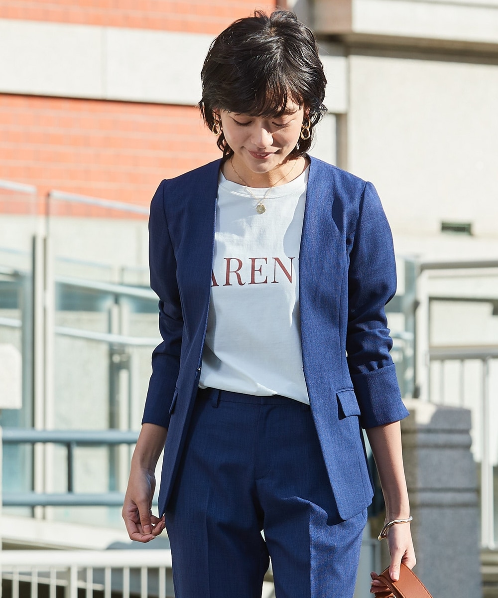 プラステ スーツ XS XXSノーカラー パンツ セットアップ ネイビー 麻混