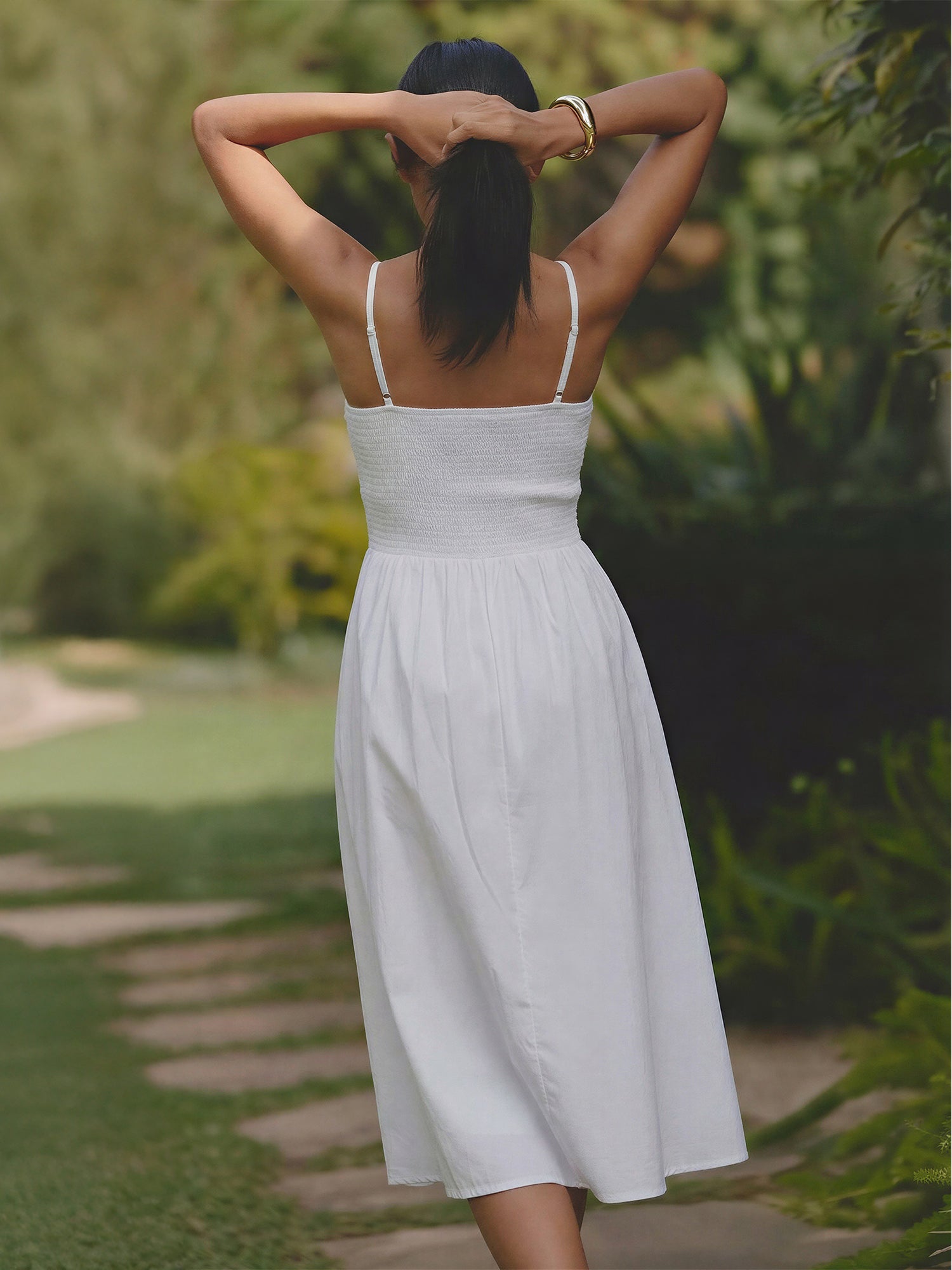 Sleeveless Smocked Bodice Cotton Poplin Midi Sun Dress – New York