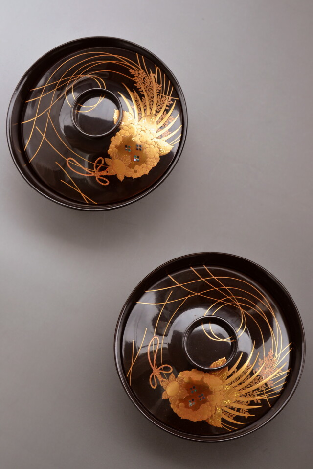 時代物】金沢漆器 能作謹製 独楽蒔絵 千筋吸物椀×5客セット縁起物 民藝