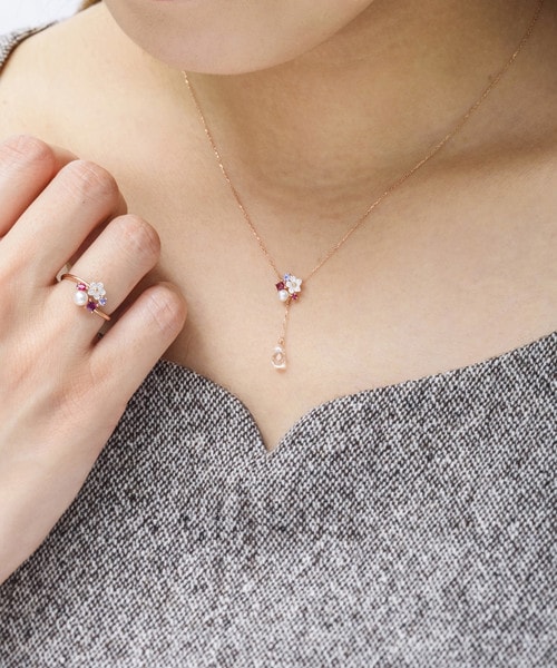 K10 PG パールフラワーモチーフリング(7号 K10 ピンク): Samantha