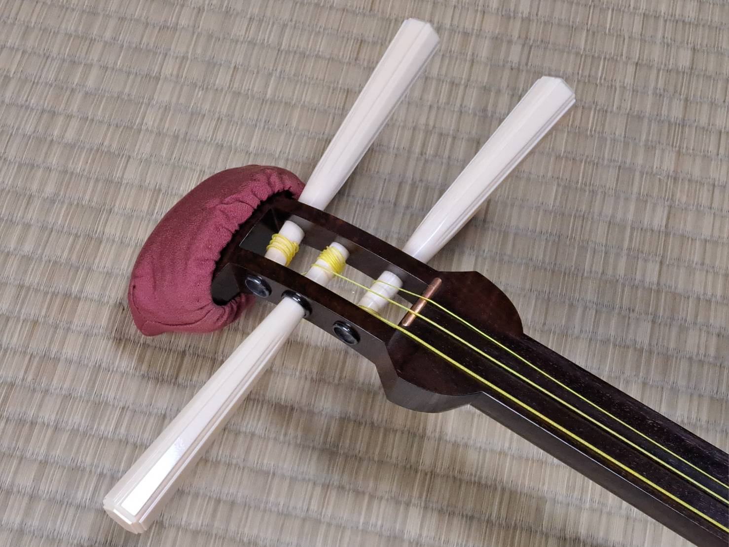 三味線 子持ち綾杉彫り、金細、糸巻き象牙、虎目(トチ) | 新栄堂