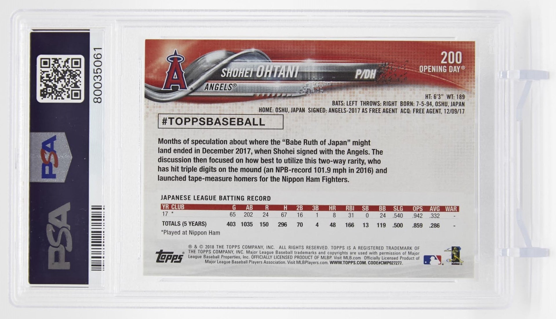 大谷翔平 ルーキーカード【PSA グレーディング済 9 MINT】 2018 Topps