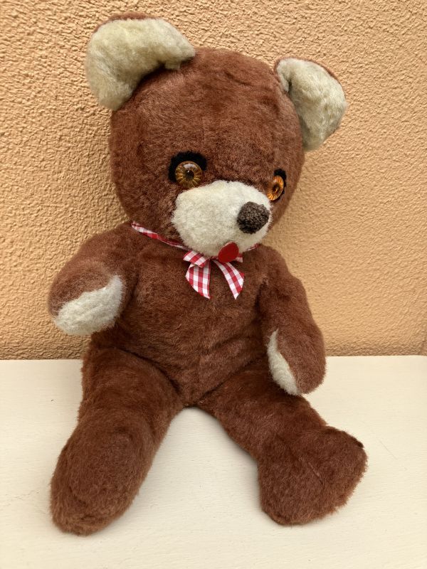 Gingham Check Ribbon Old Teddy Bear くま ビンテージ ぬいぐるみ