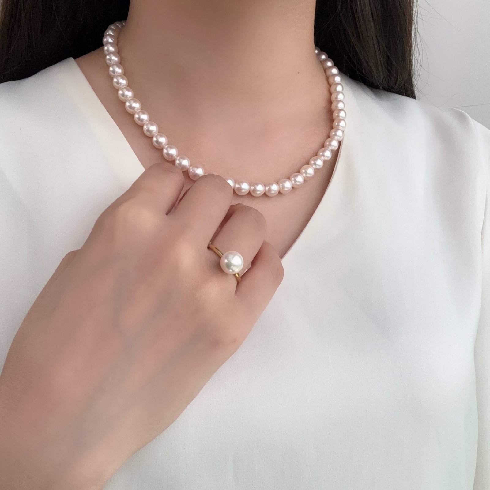 アコヤ真珠 パールリング 8-8.5mm ホワイト ラウンド K18YG 12号