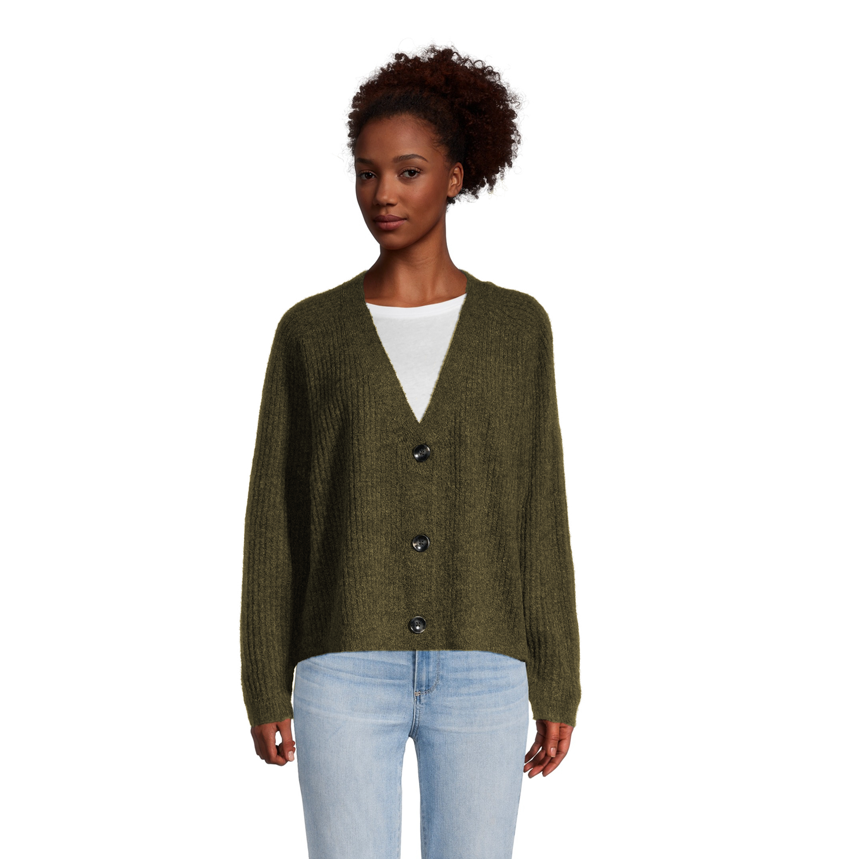 Olive Green Recycled Yarn Brushed Ribbed Cardigan - World Market
