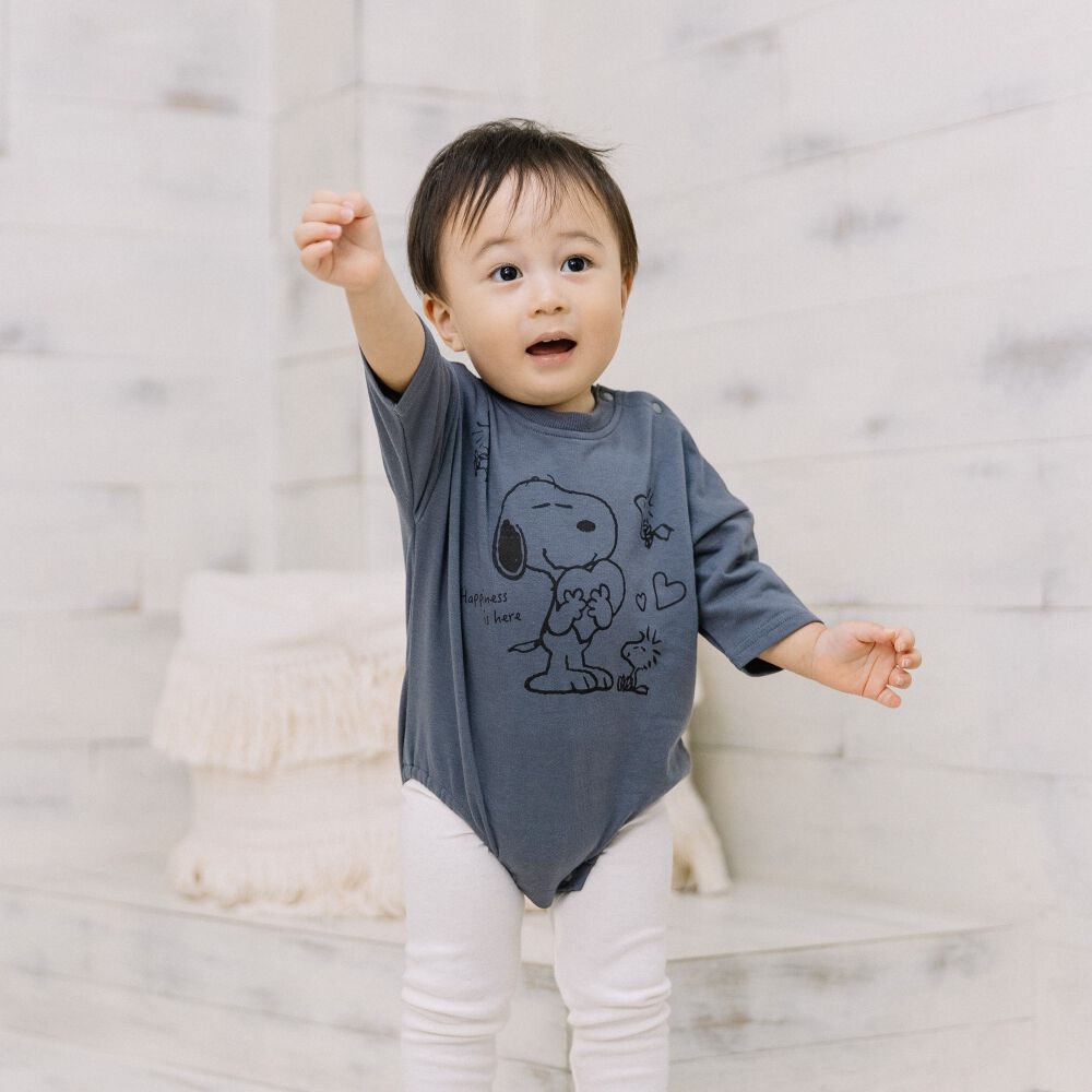 SNOOPY 長袖ボディースーツ スヌーピー チャコール×70-80cm ベビーザら