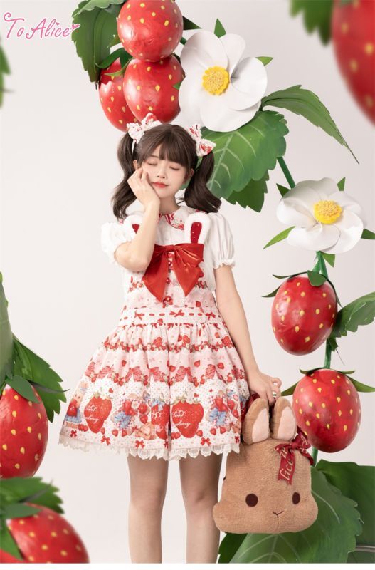 ToAlice】L1210 StrawberryRabbitプリントサロペットスカート - To Alice