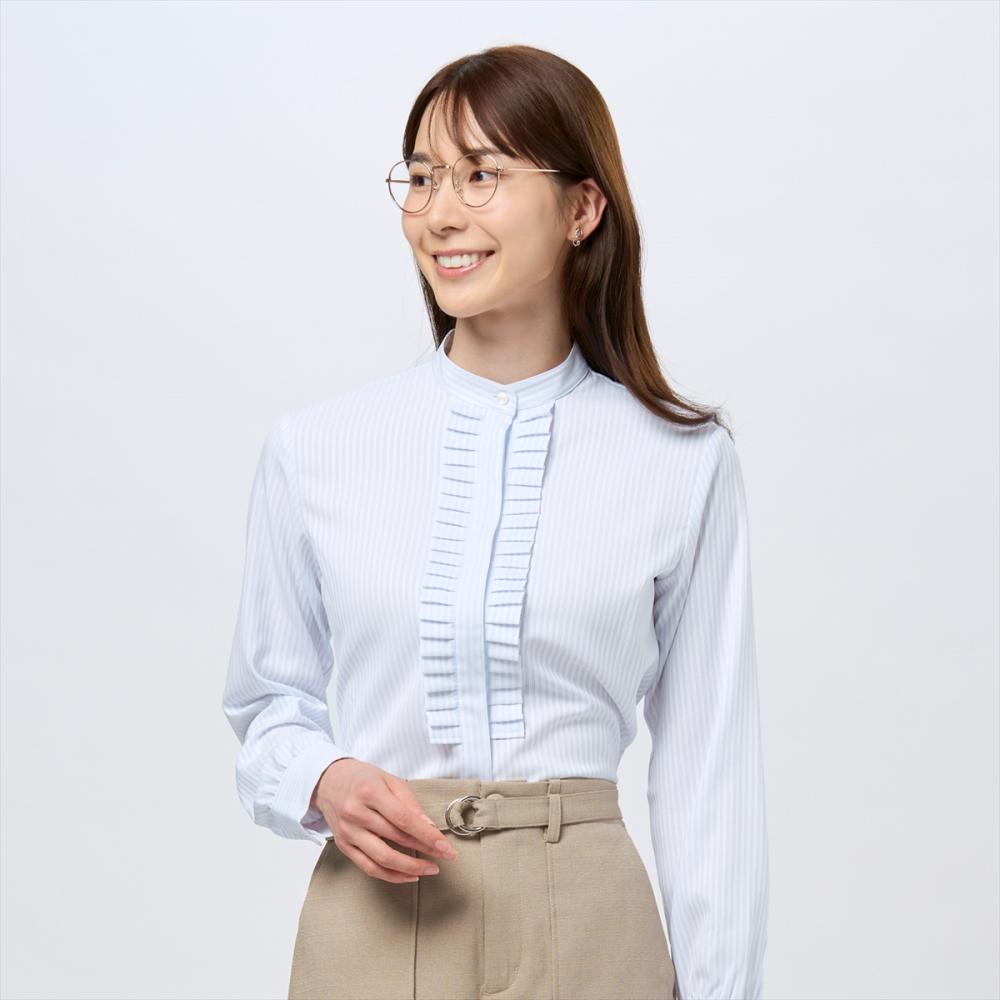 COFREX】 スタンドたたみフリル 長袖 レディースフリルシャツ(S ブルー