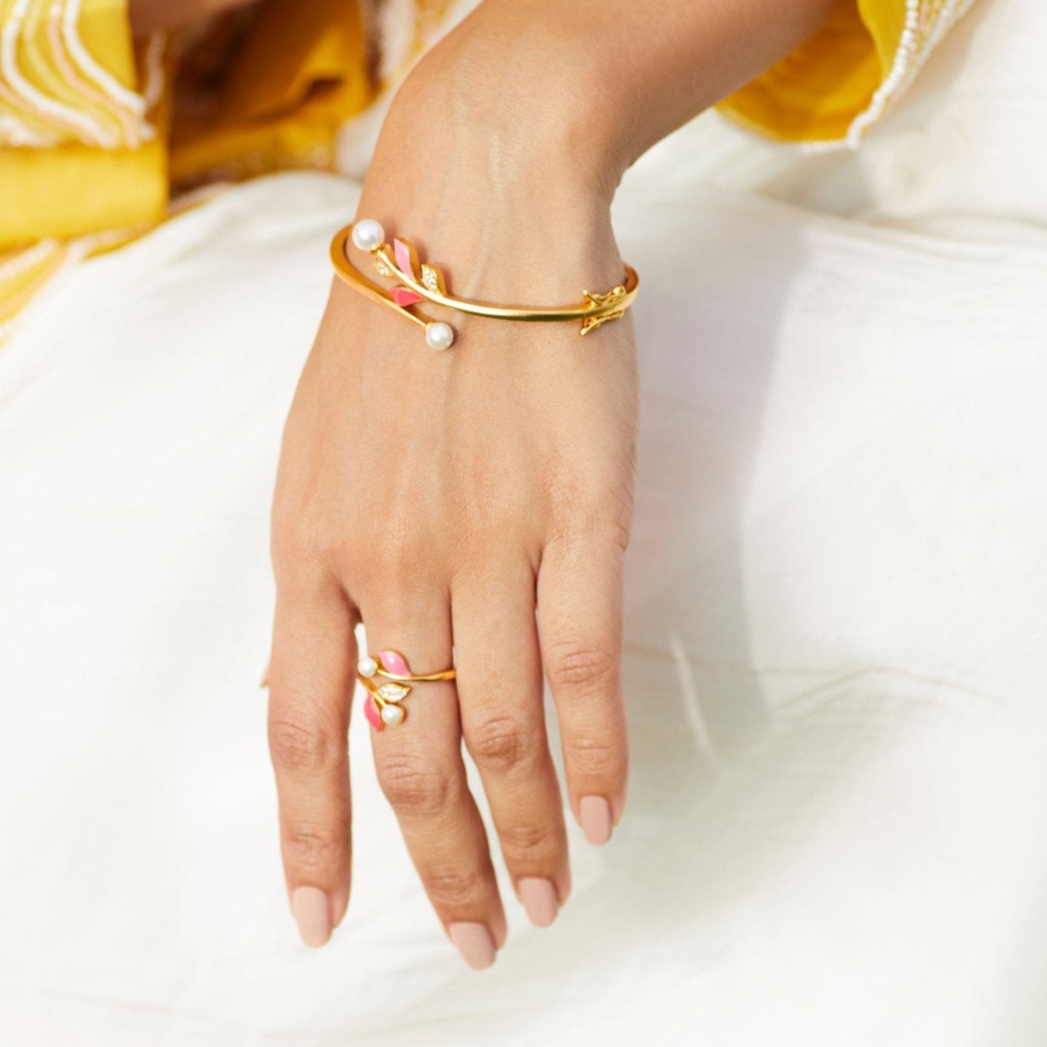 Shop Eriha Pearl Statement CZ Pink Leaf Finger Ring | Tarinika