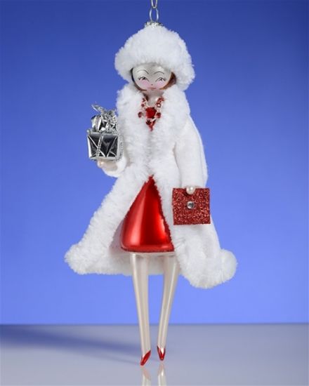 The Cottage Shop - De Carlini Lady in White Fur Coat Shopping Ornament