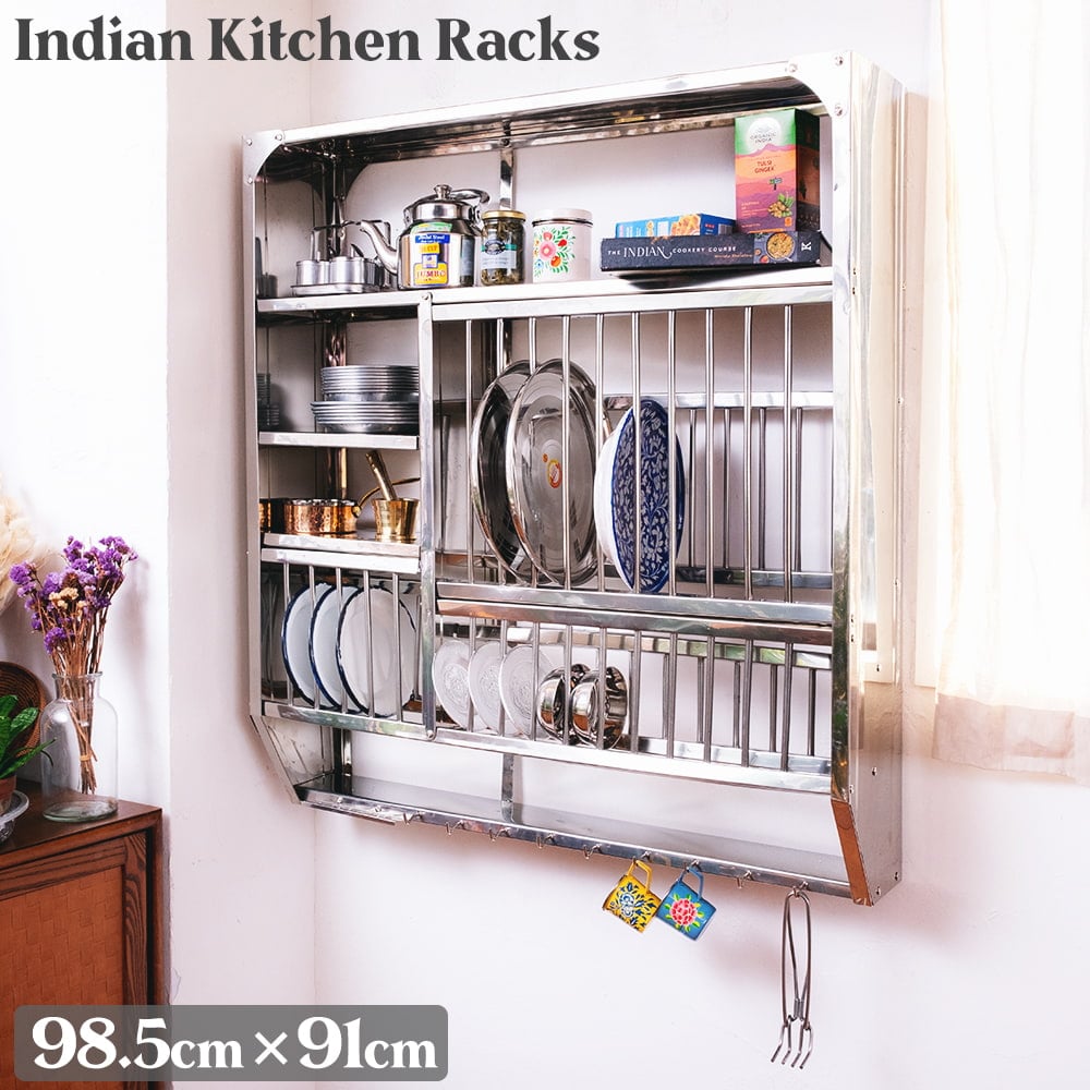 送料無料 インディアンキッチンラック 棚 食器棚 〔約98.5cm*約91cm