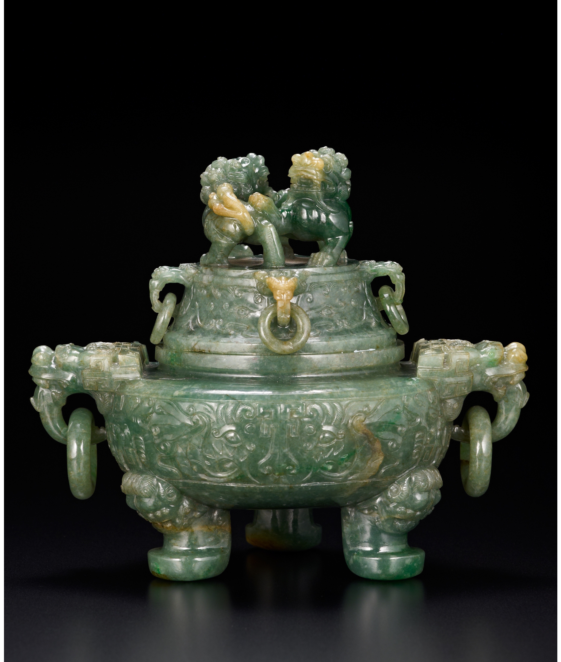 中国 玉石彫刻 雙耳活環 獅子鈕蓋爐 三足香炉 N 8052 中国 玉石彫刻 雙
