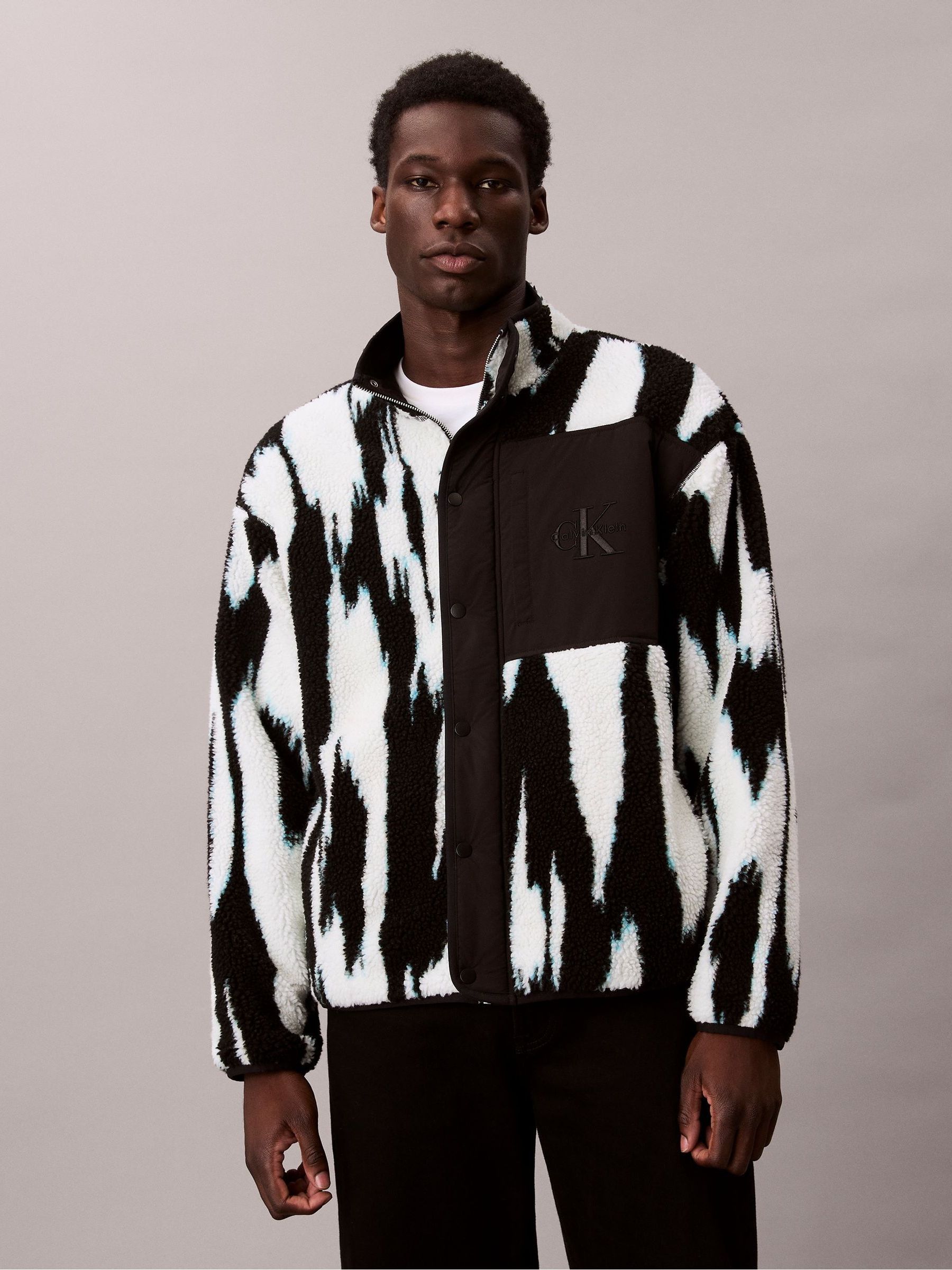 Buy Calvin Klein Black Sherpa Printed Relaxed Mock Neck Jacket